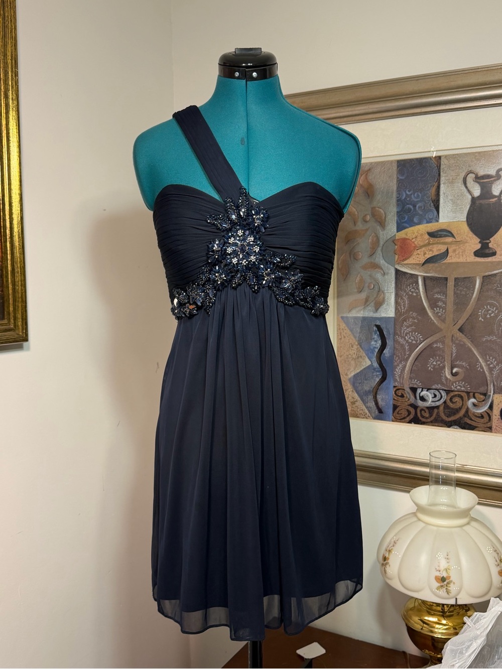 Cache Embellished Beaded  Pleated bra Chiffon  Strap Navy Knee- length Dress 6